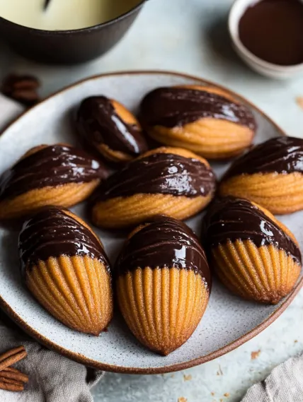 A plate of chocolate covered pastries.