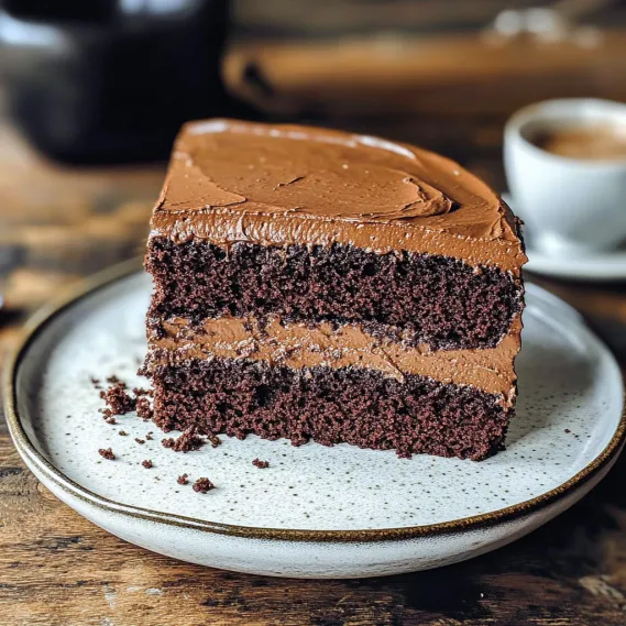 A slice of chocolate cake on a plate.