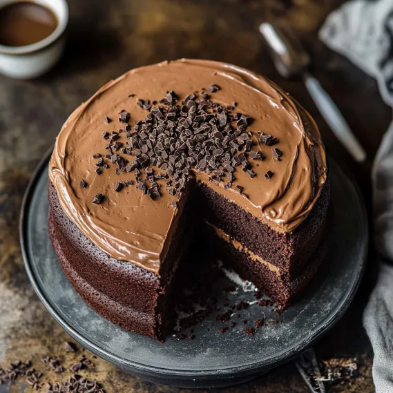 A slice of chocolate cake on a plate.