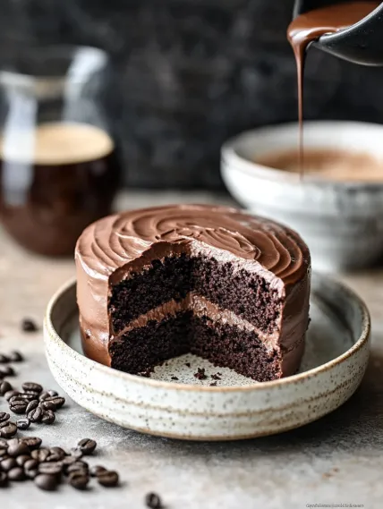 A slice of chocolate cake with chocolate drizzle.