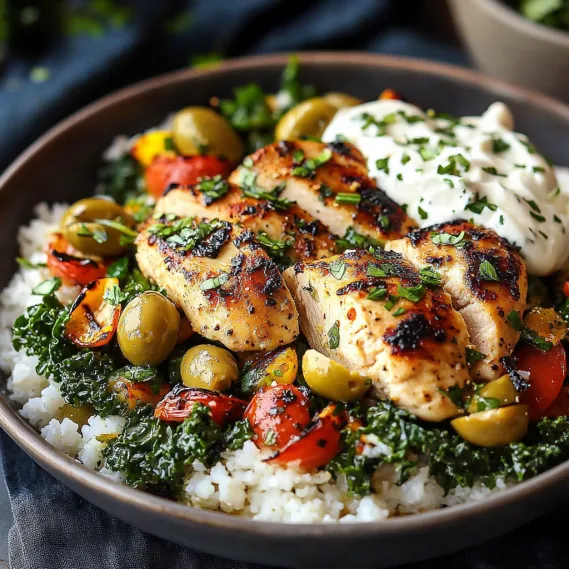 A plate of food with chicken, tomatoes, olives, and a white sauce.