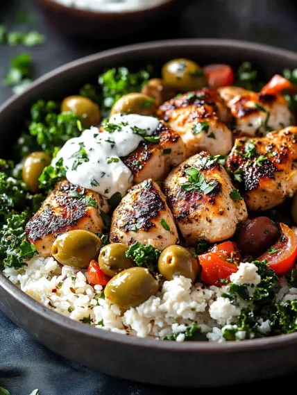 A bowl of food with chicken, tomatoes, olives, and broccoli.