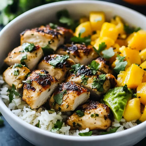 A bowl of food with rice, chicken, and vegetables.