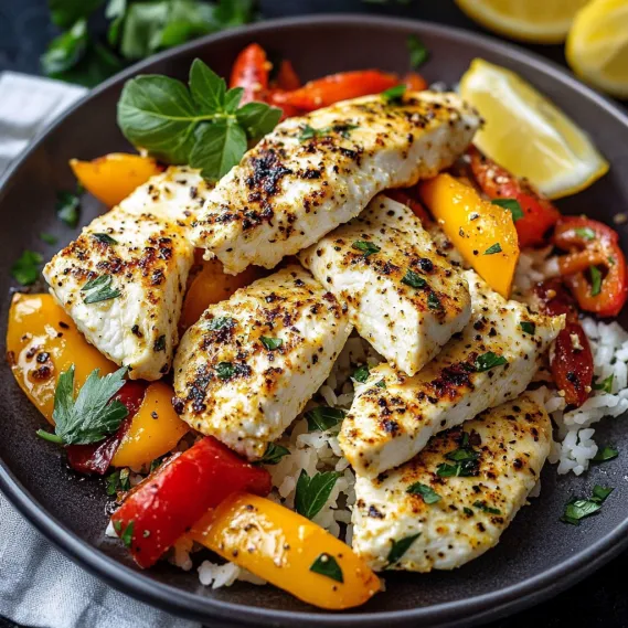 A plate of food with rice, tomatoes, peppers, and lemon.