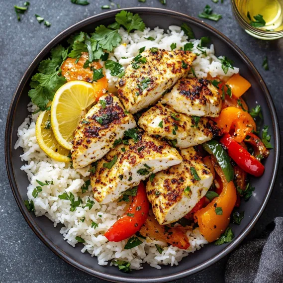A bowl of rice with chicken and vegetables.