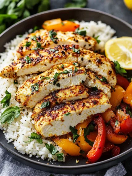 A plate of food with rice, chicken, and vegetables.