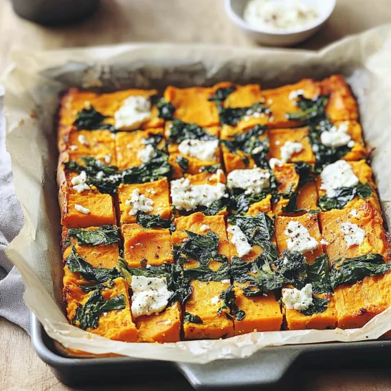 A square of food with greens and cheese.