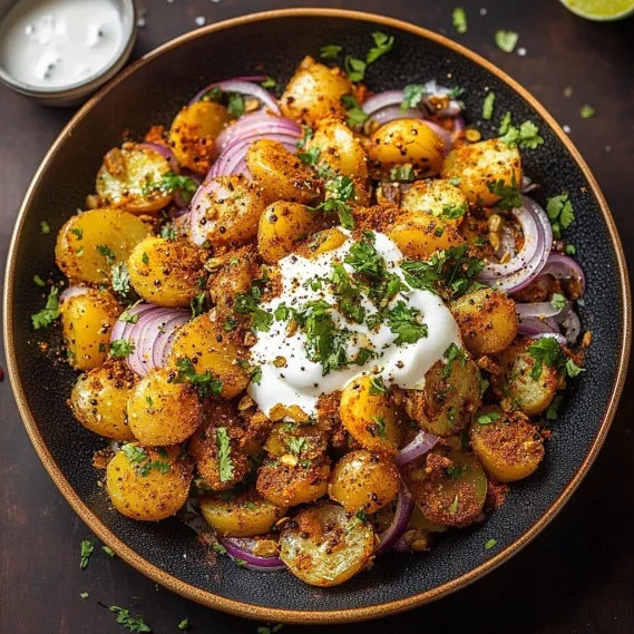 A bowl of food with potatoes and onions.