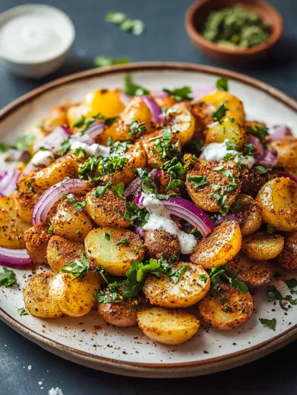 A plate of food with potatoes, onions, and herbs.