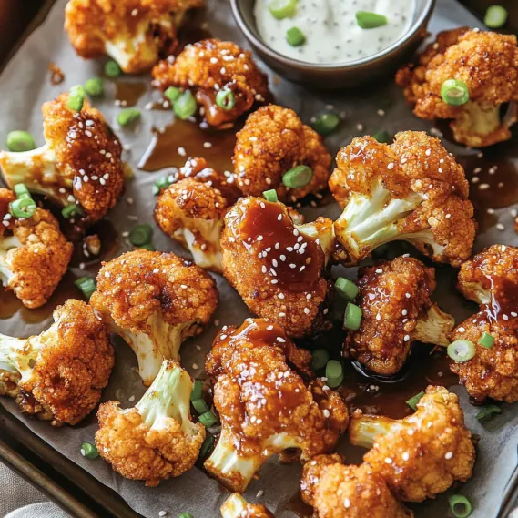 A plate of fried cauliflower with a bowl of dipping sauce.