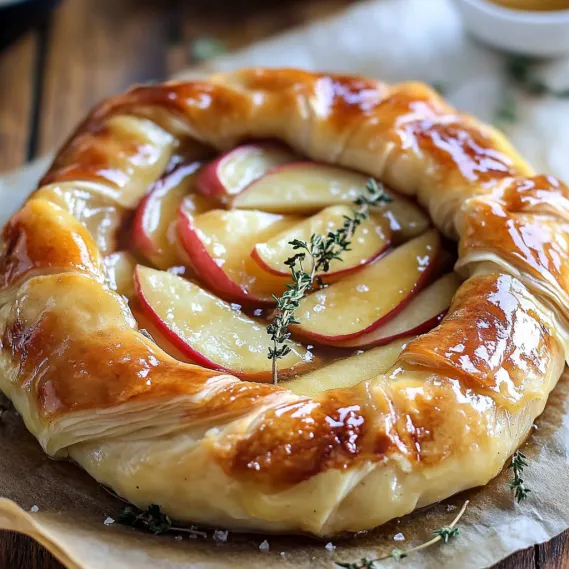 A pastry with apples and herbs on top.
