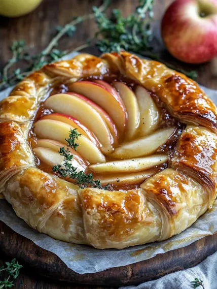 A pastry with apples and a sprig of thyme.