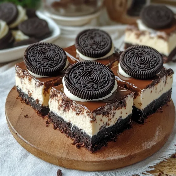 A slice of chocolate cake with white icing and two black and white cookies on top.