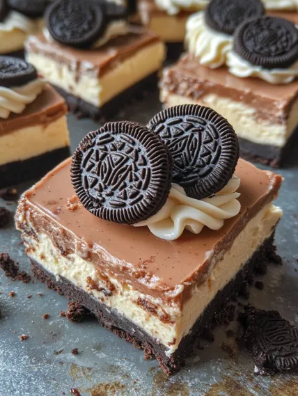 A slice of cake with two cookies on top.