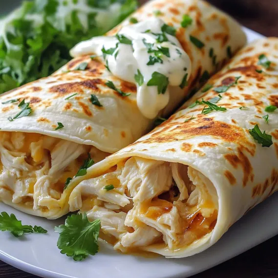 Two chicken burritos with white sauce.