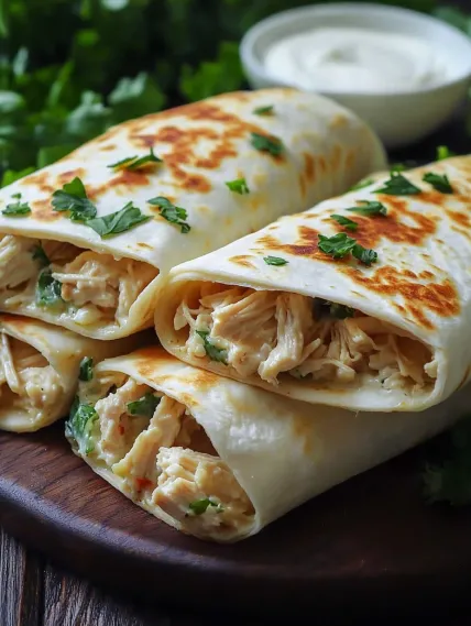 Two chicken wraps on a wooden table.