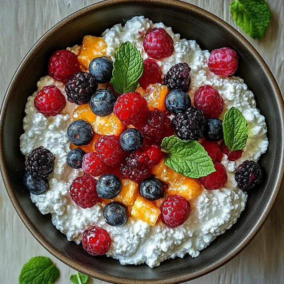 A bowl of fruit with raspberries, blueberries, and orange slices.