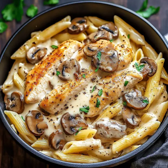 A bowl of pasta with mushrooms and chicken.