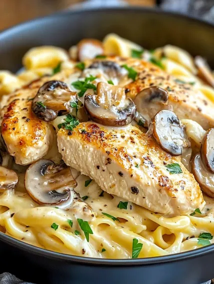 A bowl of pasta with mushrooms and chicken.