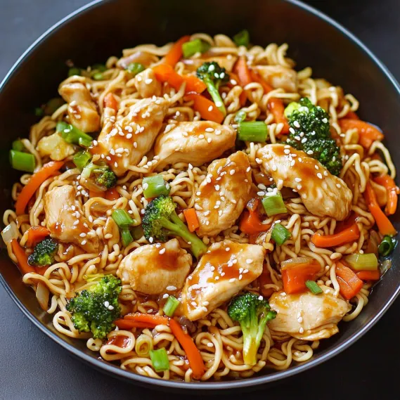 A bowl of chicken and vegetables.