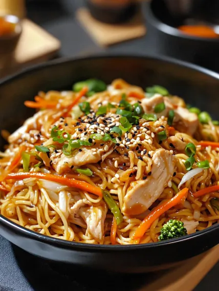 A bowl of noodles with chicken and vegetables.