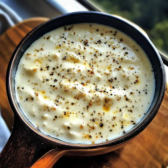 A bowl of soup with black specks.