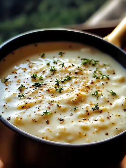 A bowl of soup with a spoon in it.