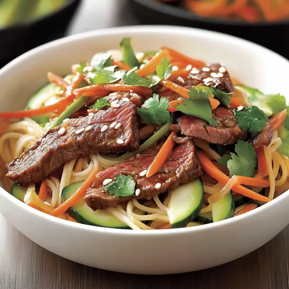 A bowl of food with meat and vegetables.