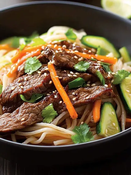 A bowl of noodles with meat and vegetables.