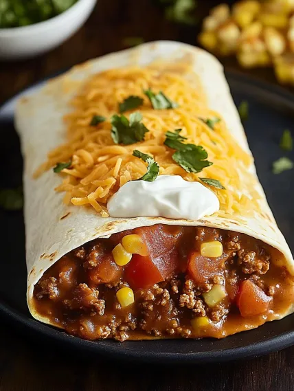 A burrito with cheese and tomatoes.