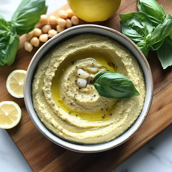 A bowl of hummus with a lemon wedge on the side.