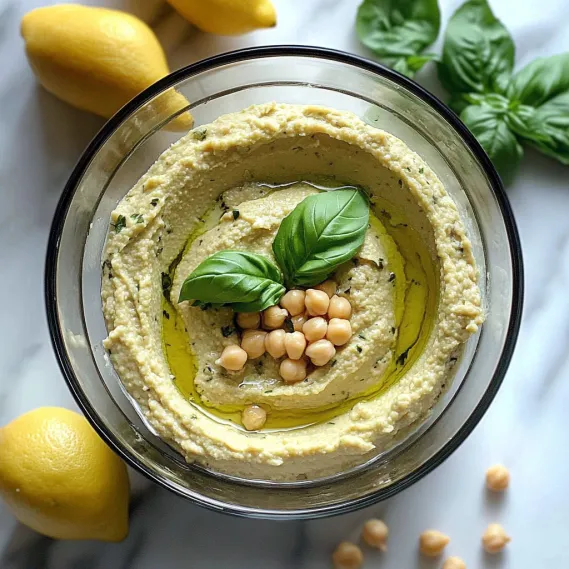 A bowl of hummus with lemon wedges and basil leaves.