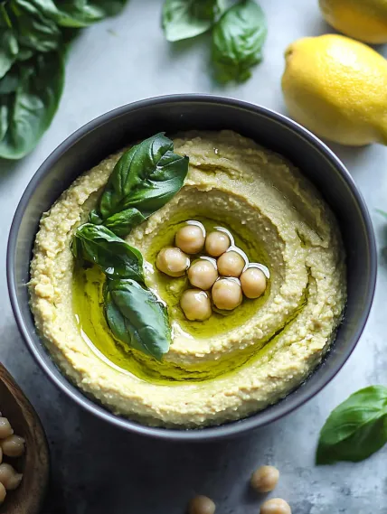 A bowl of hummus with a green leaf on top.