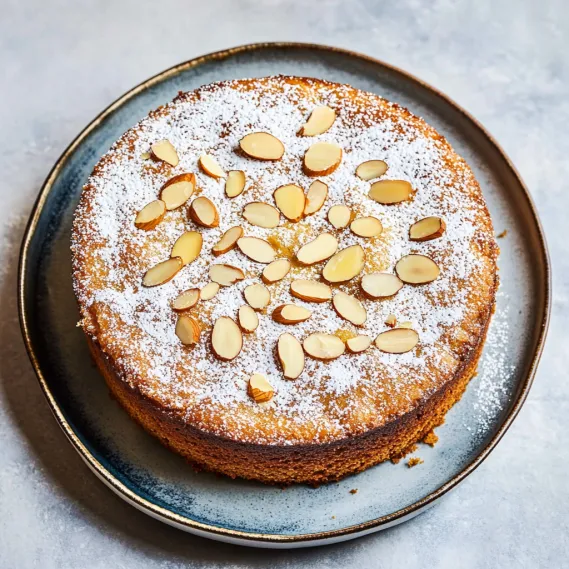 A slice of cake with almonds on top.