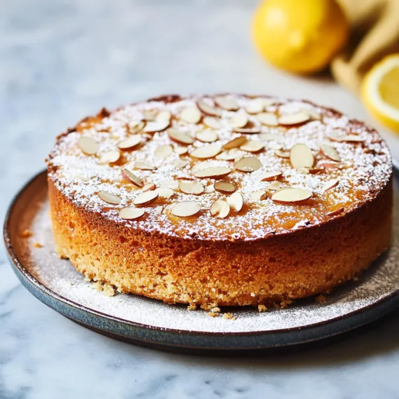 A slice of cake with almonds on top.