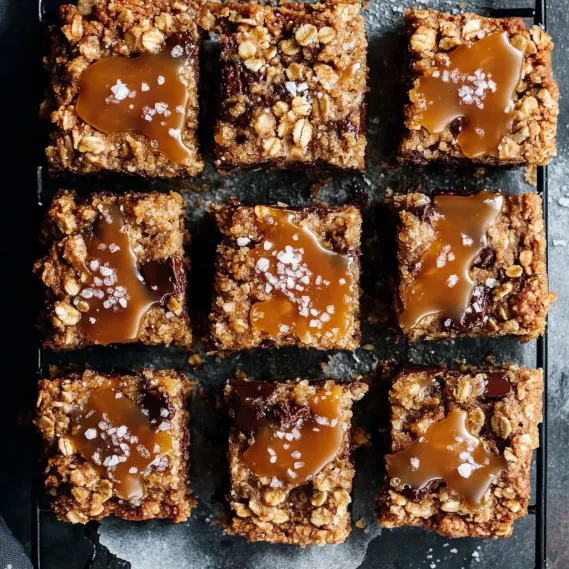 A tray of brownies with caramel sauce drizzled on top.