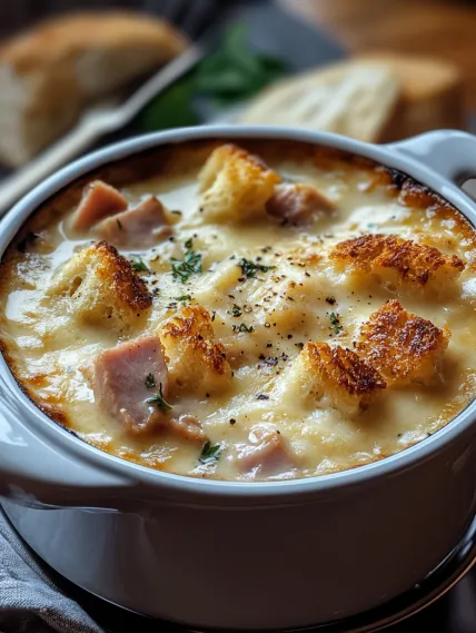 A bowl of soup with bread in it.