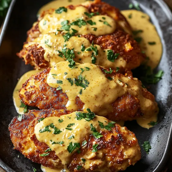 A plate of chicken with sauce.