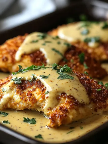 Chicken covered in sauce.
