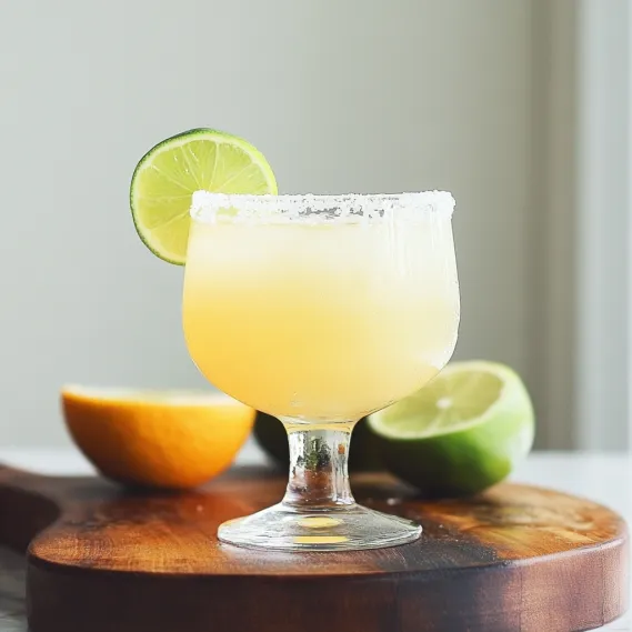 A glass of tequila with limes on a table.