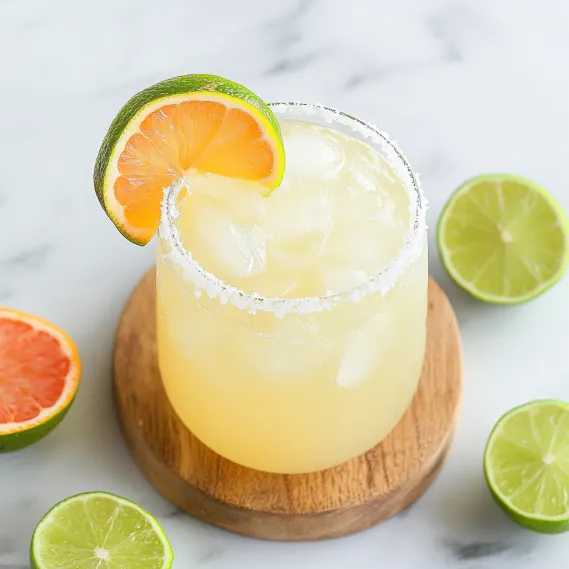 A glass of margarita with a slice of orange on top.