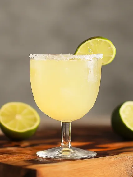 A glass of tequila with limes on the side.