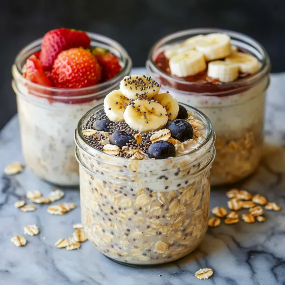 Three jars of food with bananas, strawberries, and blueberries.