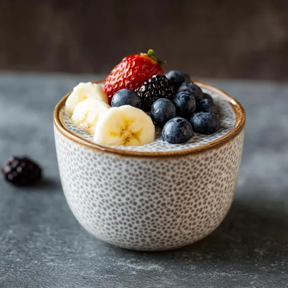 A bowl of fruit with bananas, strawberries, and blueberries.