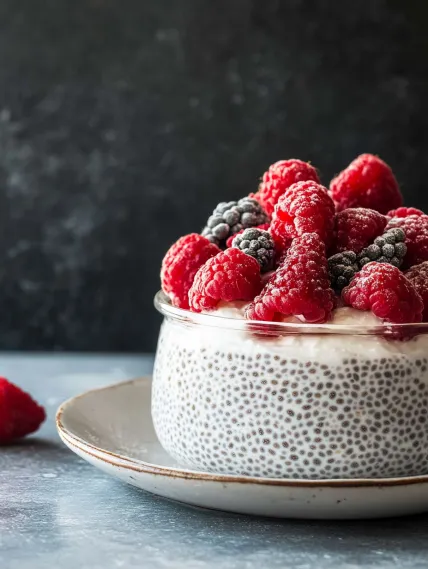A bowl of berries and cream.