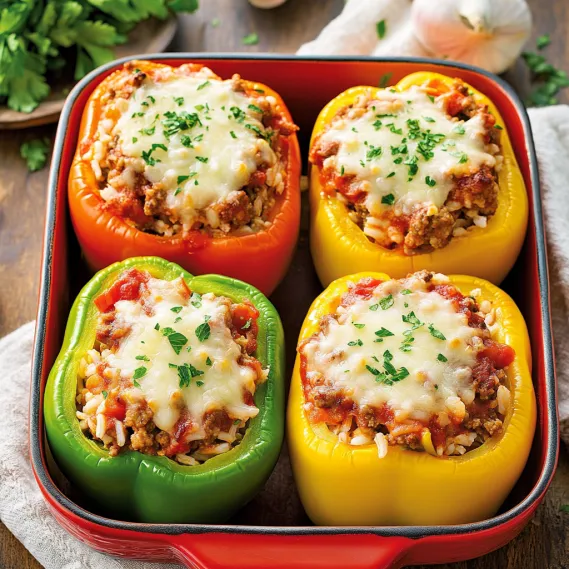 A red container with four peppers in it.