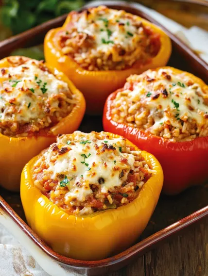 Four peppers with rice and cheese.