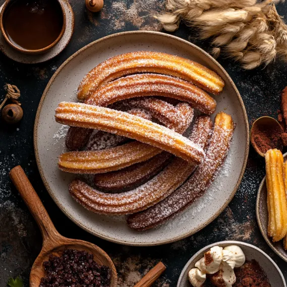 A plate of churros with sugar and cinnamon.