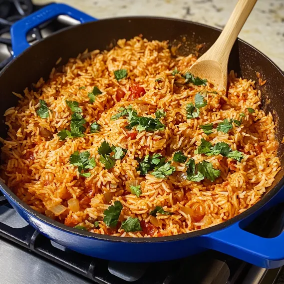 A pan of rice with vegetables and herbs.