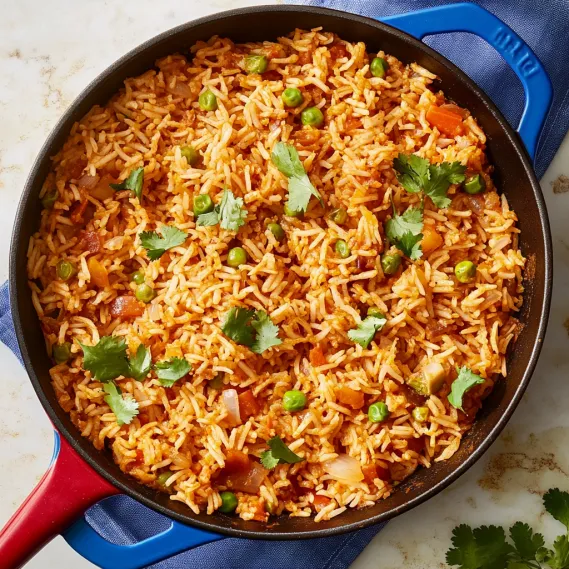 A pan of rice with peas and carrots.